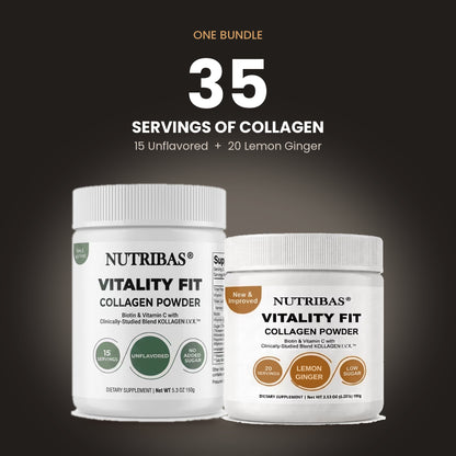 Two white Nutribas Vitality Fit collagen powder jars on a dark gradient background, with promotional text above reading 'ONE BUNDLE 35 SERVINGS OF COLLAGEN' and flavor callouts for unflavored and lemon ginger.