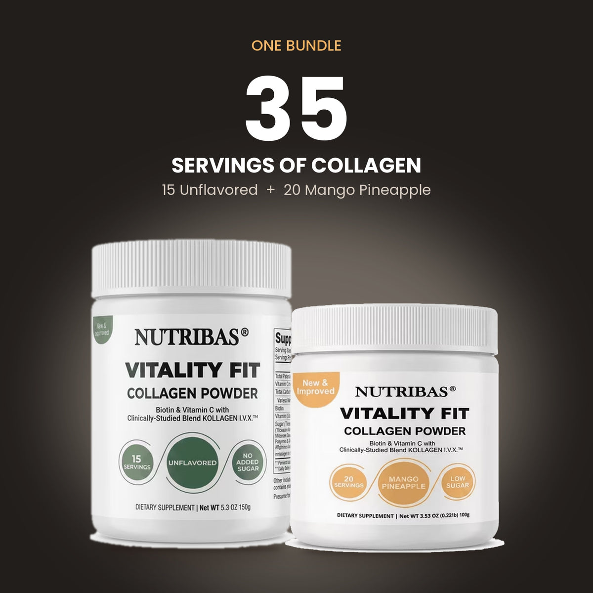 Two white Nutribas Vitality Fit Collagen Powder supplement jars shown on a dark background with promotional text reading 'One Bundle 35 Servings of Collagen Powder' and flavor callouts for Unflavored and Mango Pineapple.