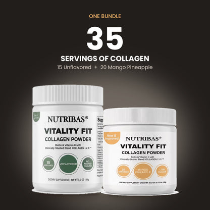 Two white Nutribas Vitality Fit Collagen Powder supplement jars shown on a dark background with promotional text reading 'One Bundle 35 Servings of Collagen Powder' and flavor callouts for Unflavored and Mango Pineapple.