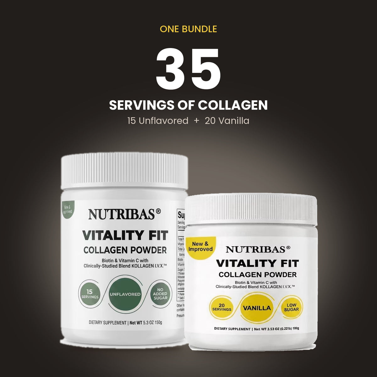 Two white Nutribas Vitality Fit Collagen Powder jars shown on a dark gradient background with promotional text above. The larger jar is unflavored and the smaller jar is vanilla, with text stating 35 servings of collagen.