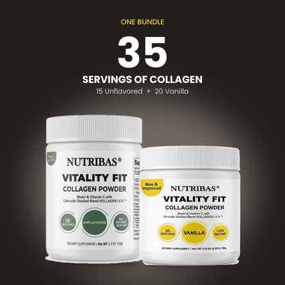 Two white Nutribas Vitality Fit Collagen Powder jars shown on a dark gradient background with promotional text above. The larger jar is unflavored and the smaller jar is vanilla, with text stating 35 servings of collagen.