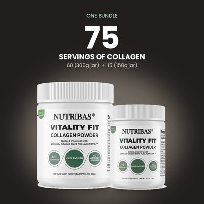 Two white Nutribas Vitality Fit Collagen Powder jars shown on a dark gradient background with promotional text above reading 'ONE BUNDLE 75 SERVINGS OF COLLAGEN'.