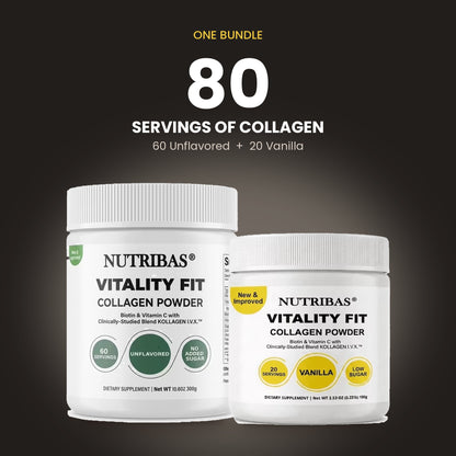 Two white Nutribas Vitality Fit Collagen Powder jars shown on a dark background with promotional text above: 'ONE BUNDLE 80 SERVINGS OF COLLAGEN 60 Unflavored + 20 Vanilla.'.