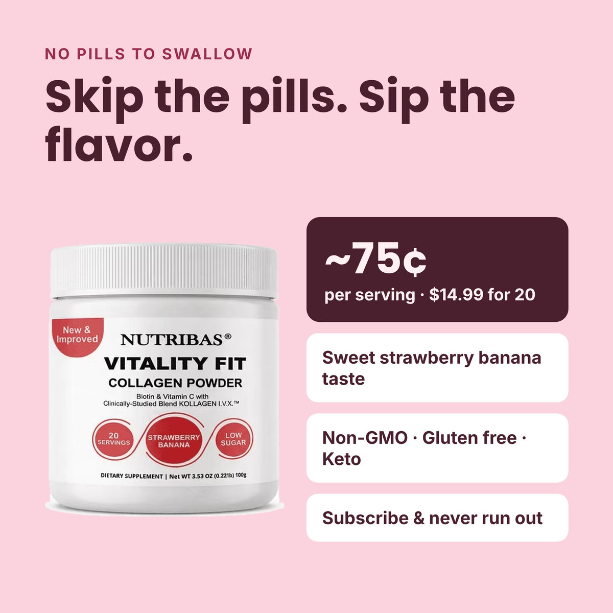 A promotional graphic for Nutribas Vitality Fit Collagen Powder. The white tub of collagen is shown on the left, with marketing text on a pink background: 'Skip the pills.