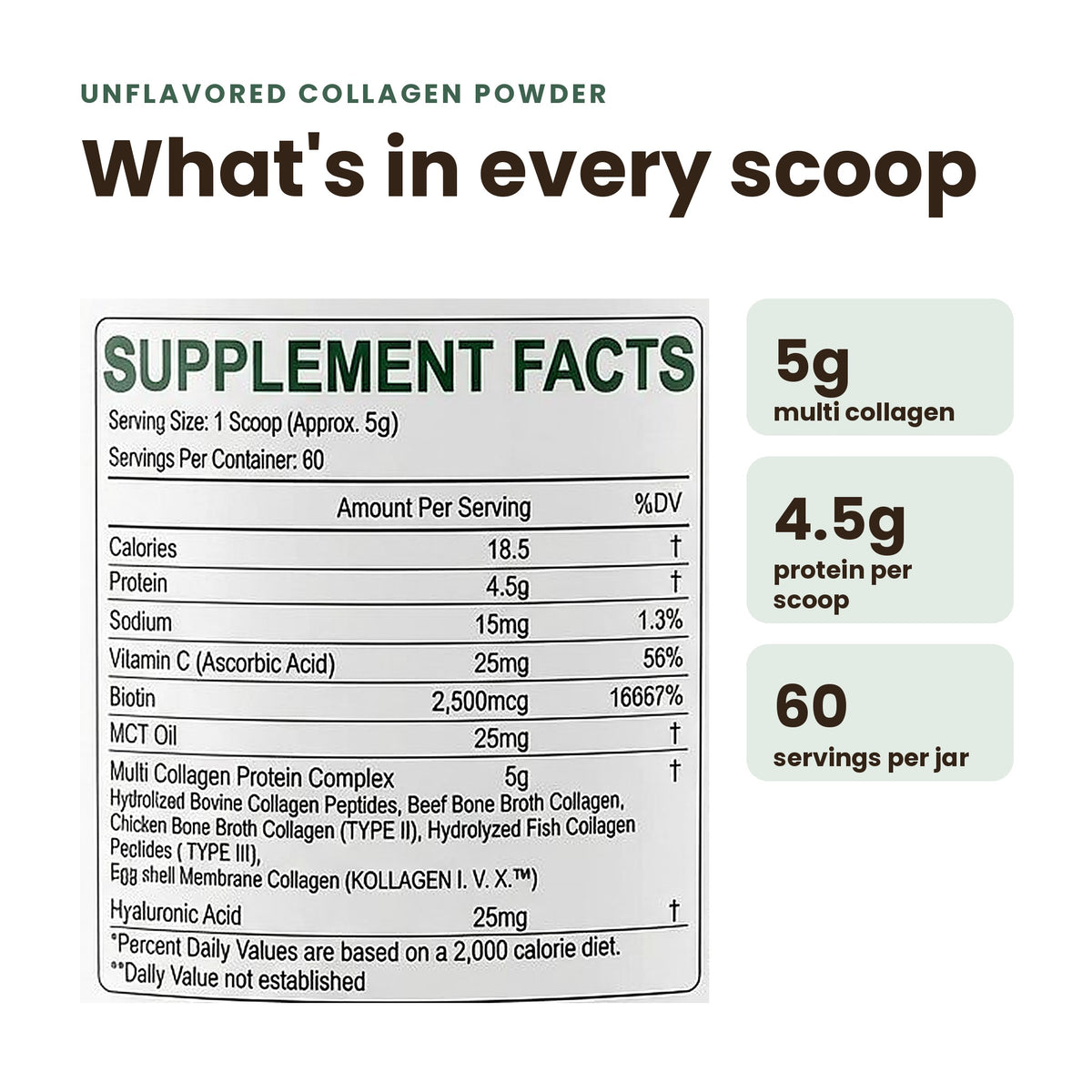 A supplement facts panel for unflavored collagen powder with text reading 'What's in every scoop' and callouts showing 5g multi collagen, 4.5g protein per scoop, and 60 servings per jar.