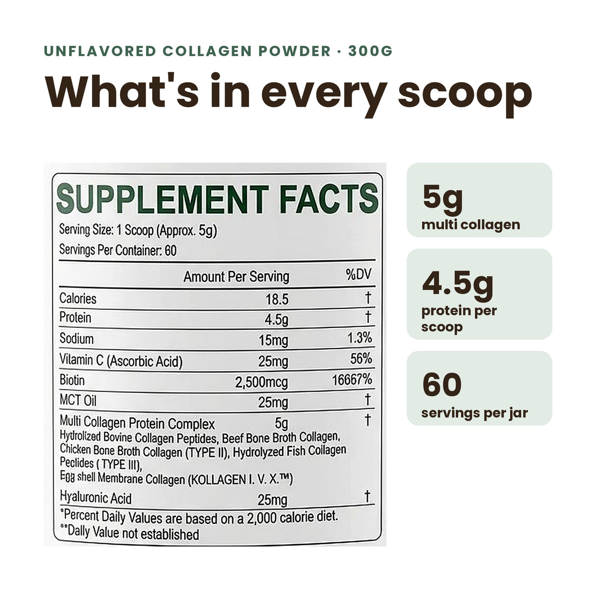 A supplement facts panel for unflavored collagen powder, with text reading 'What's in every scoop' and callouts showing 5g multi collagen, 4.5g protein per scoop, and 60 servings per jar on a white background.