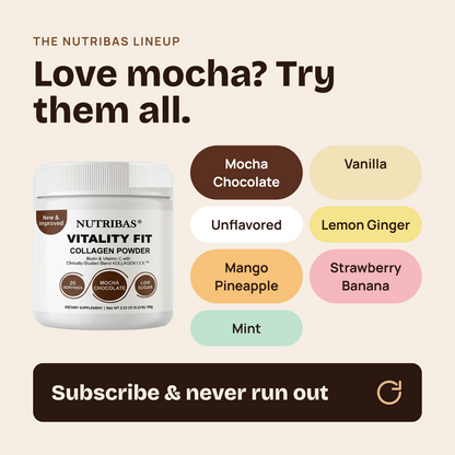 Promotional graphic for Nutribas Vitality Fit Collagen Powder showing a white tub labeled 'Mocha Chocolate' on a beige background, with text reading 'Love mocha? Try them all.' and color swatches for Mocha Chocolate, Vanilla, Lemon Ginger, Mango Pineapple, Strawberry Banana, Mint, and Unflavored.