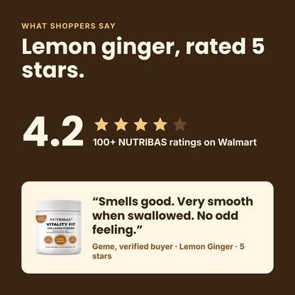 Promotional graphic for Nutribas Vitality Fit lemon ginger flavor powder, featuring a 4.2 rating out of 5 stars with text saying 'Lemon ginger, rated 5 stars.