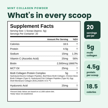 A mint green and white supplement facts label for a collagen powder product, with text reading 'What's in every scoop' and a supplement facts panel listing calories, protein, sodium, vitamin C, biotin, MCT oil, and hyaluronic acid. Right-side callouts state 20 servings per jar, 5g multi collagen, 4.