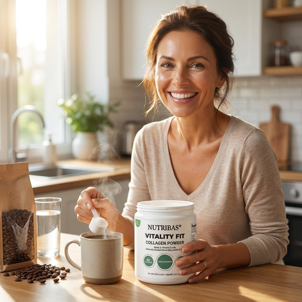 Woman in a kitchen holding a container of Nutribis Vitality Fit Collagen Powder and a spoon.
