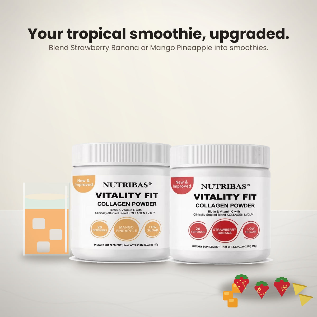 Two white Nutribas Vitality Fit collagen powder supplement containers shown side by side on a light beige background, with promotional text above and small fruit/ingredient icons below.