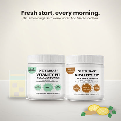 Two white Nutribas Vitality Fit supplement jars shown on a light beige background with marketing text above and lemon/ginger illustrations below. The left jar is labeled Mint and the right jar is labeled Lemon Ginger.