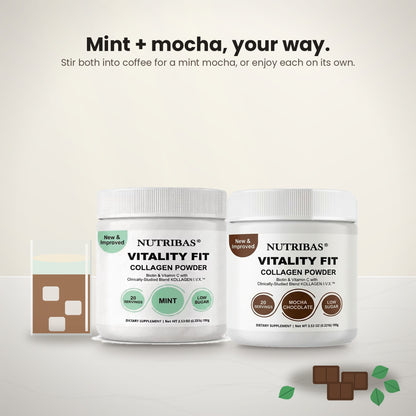 Two white Nutribas Vitality Fit supplement jars on a light beige background, labeled Collagen Powder in Mint and Mocha Chocolate flavors, with flavor icons and text above.