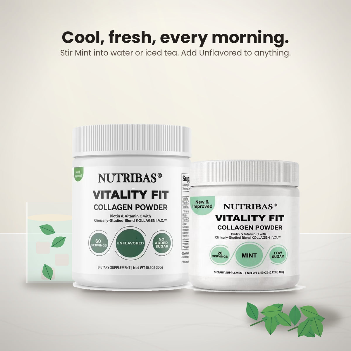 Two white Nutribas Vitality Fit Collagen Powder supplement jars on a light beige background with promotional text above and green leaf accents at the bottom.