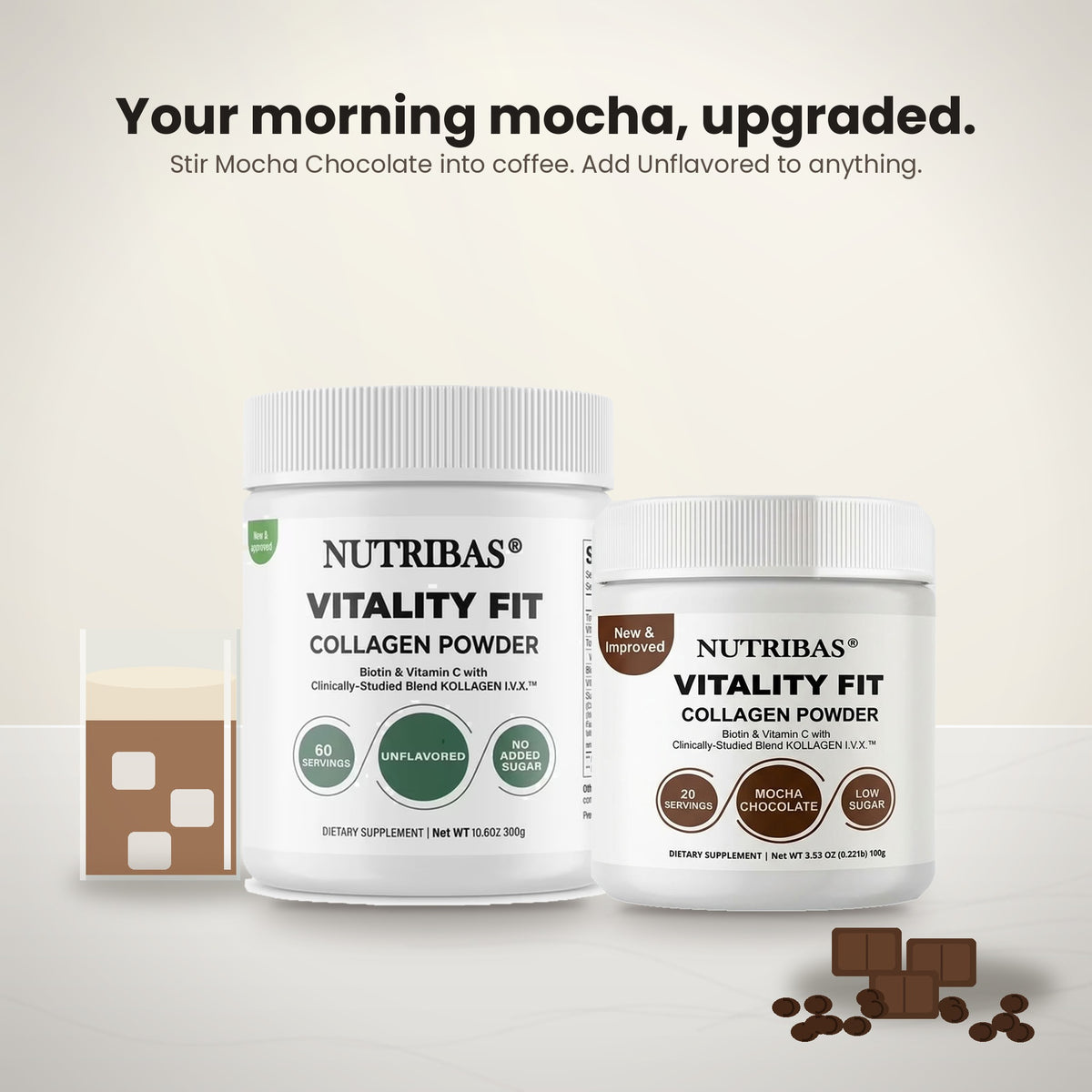 Two white Nutribas Vitality Fit Collagen Powder supplement jars on a light beige background, with text above reading 'Your morning mocha, upgraded.' and mocha chocolate pieces shown near the jars.