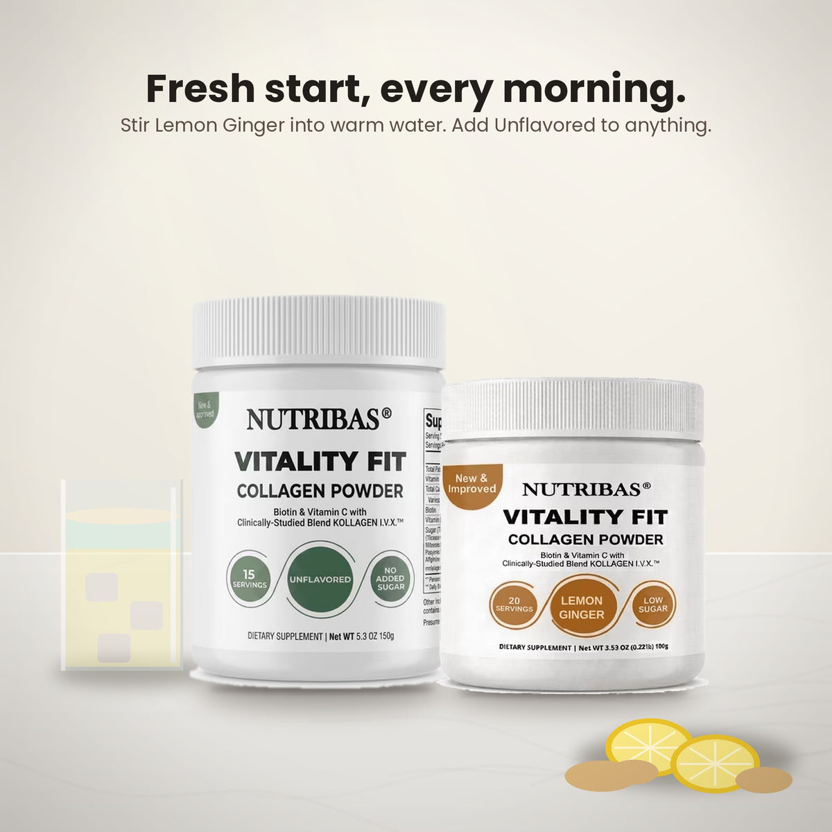 Two white Nutribas Vitality Fit Collagen Powder supplement jars on a light beige background, with lemon slices and capsules as props and text above reading 'Fresh start, every morning.'.