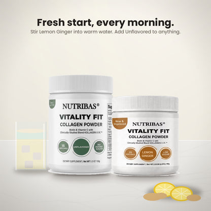 Two white Nutribas Vitality Fit Collagen Powder supplement jars on a light beige background, with lemon slices and capsules as props and text above reading 'Fresh start, every morning.'.