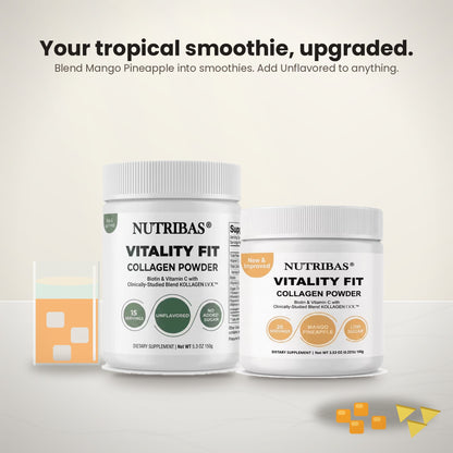 Two white Nutribas Vitality Fit Collagen Powder supplement jars on a light beige background with promotional text at the top and small orange/yellow graphic accents.