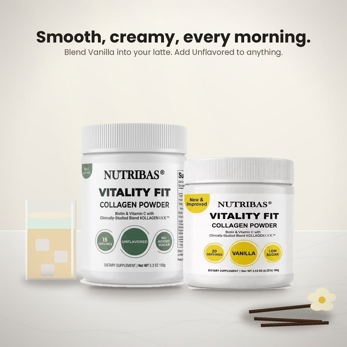Two white Nutribas Vitality Fit Collagen Powder jars shown on a light beige background with marketing text above and vanilla-flavored powder cups and vanilla sticks below.