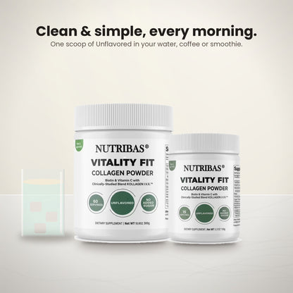 Two white Nutribas Vitality Fit Collagen Powder supplement containers on a light beige background with promotional text above. The larger tub is 7 oz and the smaller tub is 2 oz.