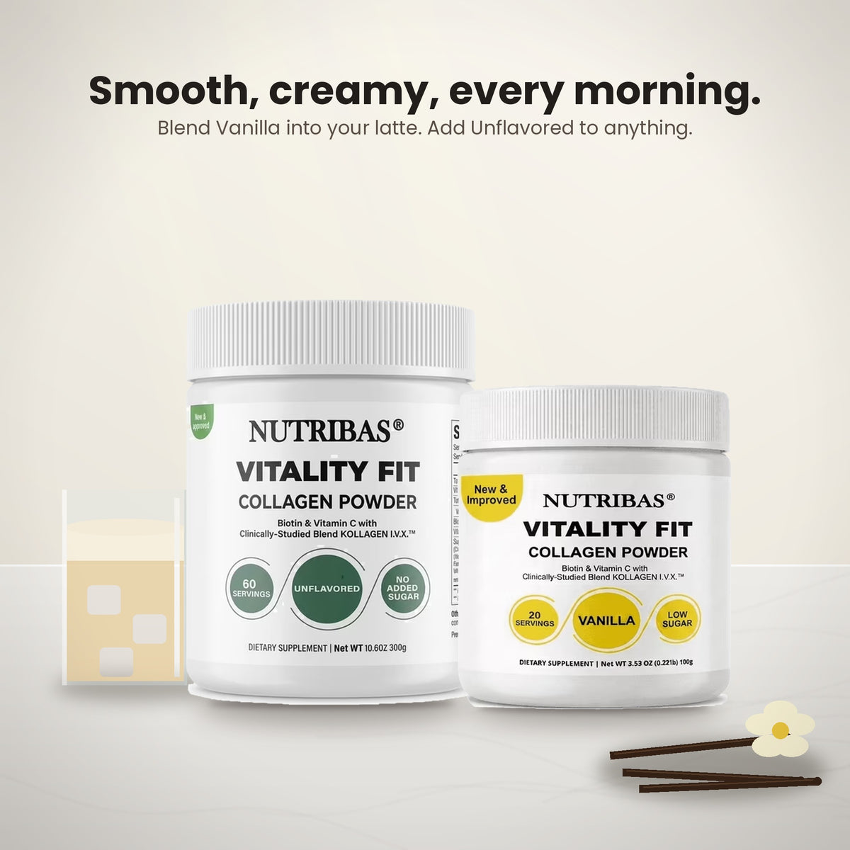 Two white jars of Nutribas Vitality Fit Collagen Powder are shown on a light beige background with marketing text above. One jar is vanilla-flavored and one is unflavored, with small vanilla bean props and a vanilla slice near the bottom right.