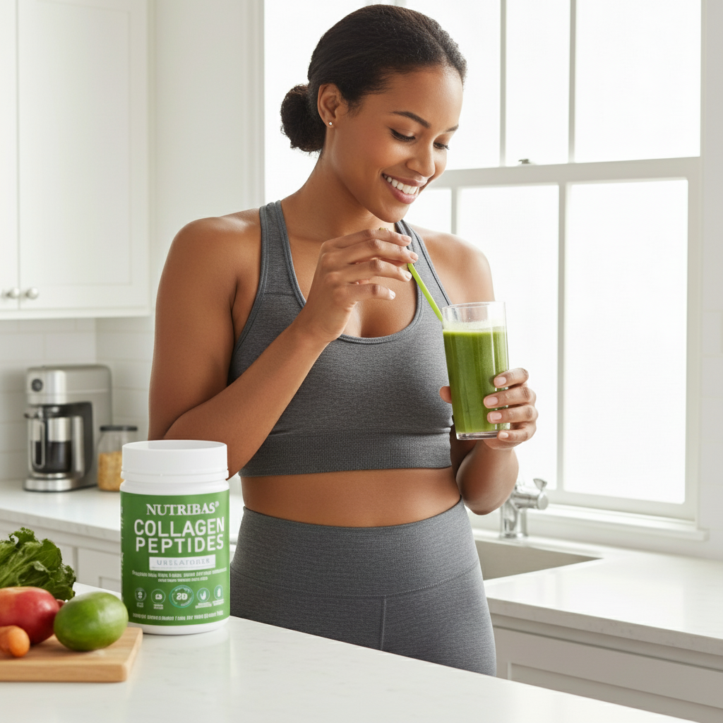 Woman drinking a green smoothie in a kitchen with Nutribas Collagen Peptides container.
