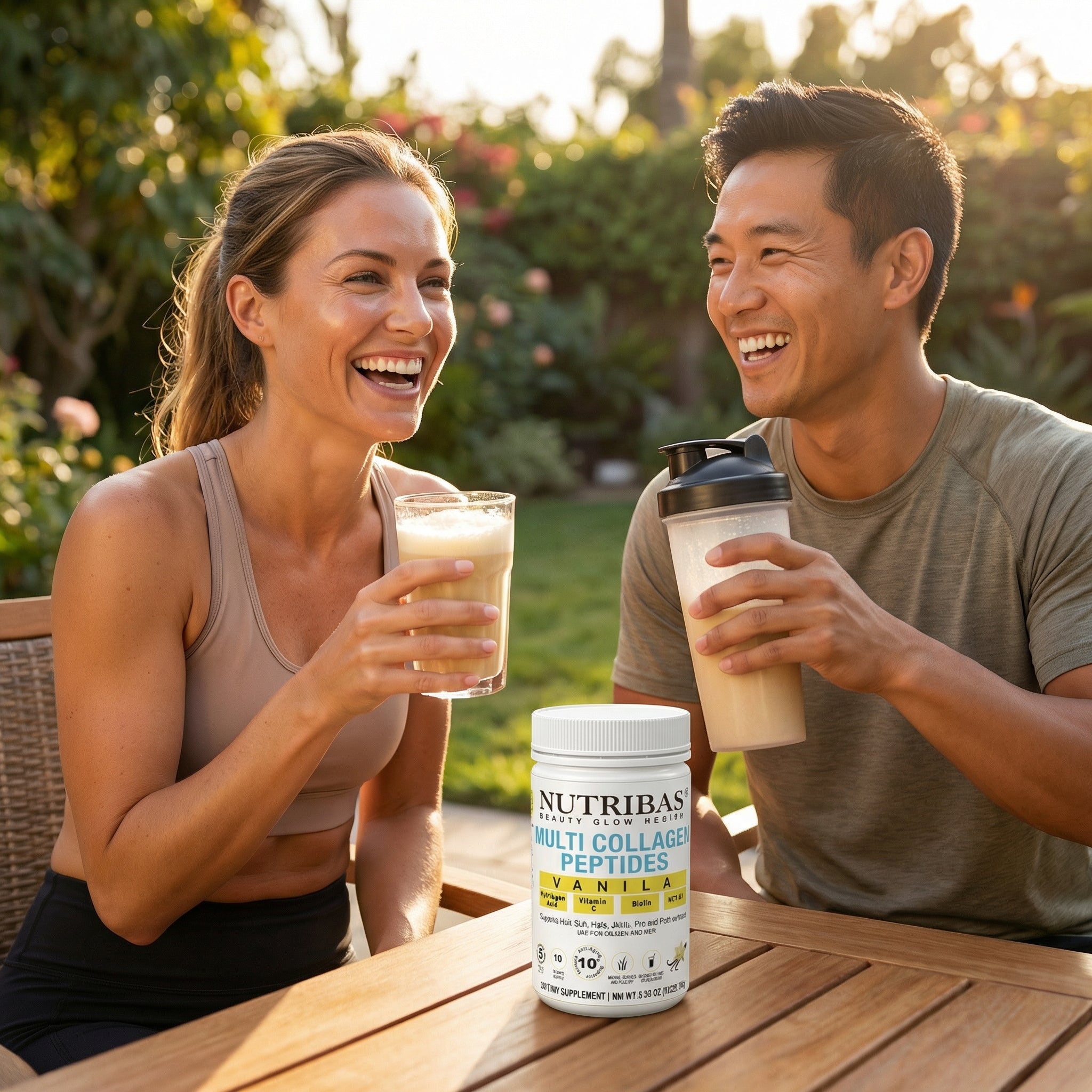 Two people enjoying a drink outdoors with a container of Nutribas Multi Collagen Peptides in the foreground.
