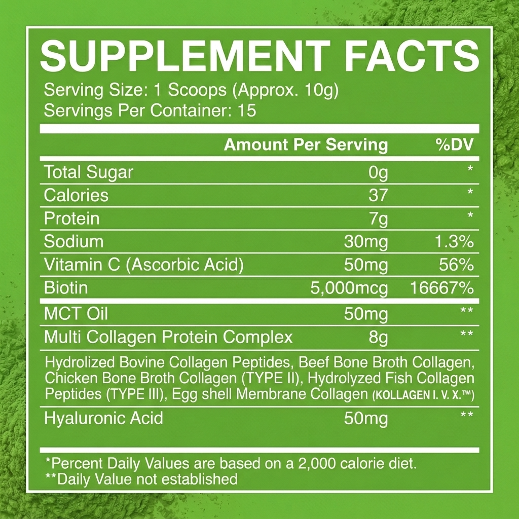 A green supplement facts label with white text listing ingredients and daily value information for collagen peptides and hyaluronic acid.