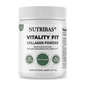 A white plastic bottle of Nutribas Vitality Fit Collagen Powder on a clean white background. The label features black text and three green circular icons indicating 15 servings, unflavored, and no added sugar.