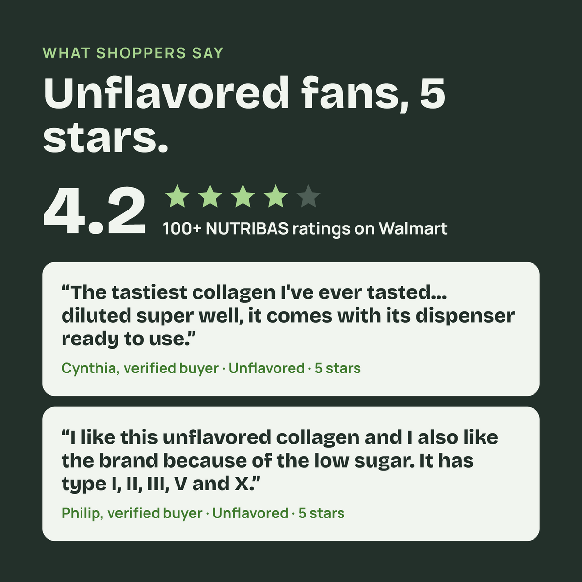 A dark green promotional graphic with text reading 'Unflavored fans, 5 stars.' and a 4.