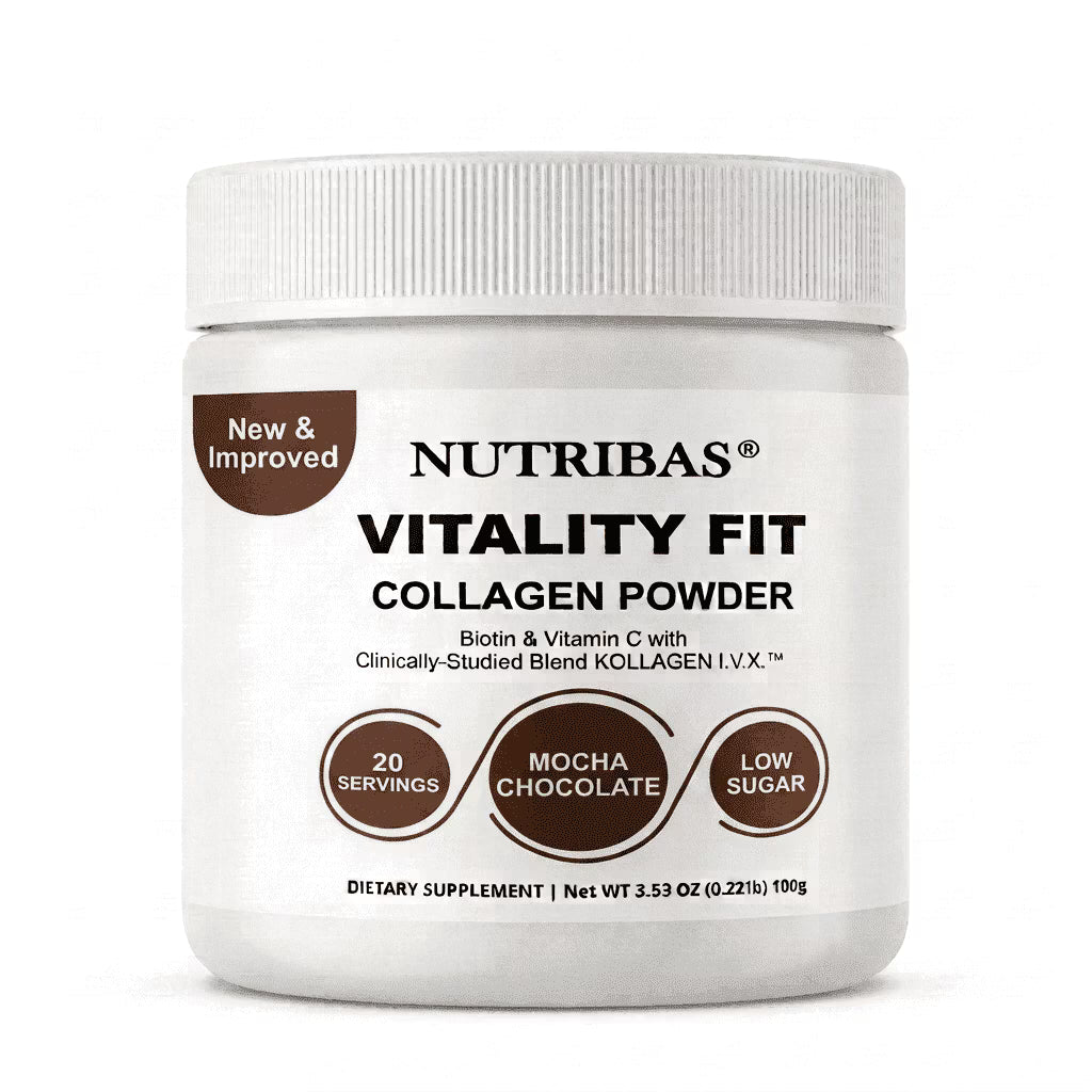 A white plastic jar of Nutribas Vitality Fit Collagen Powder on a clean white background. The label features brown accents, including a 'New & Improved' badge and three circular icons indicating '20 Servings', 'Mocha Chocolate', and 'Low Sugar'.