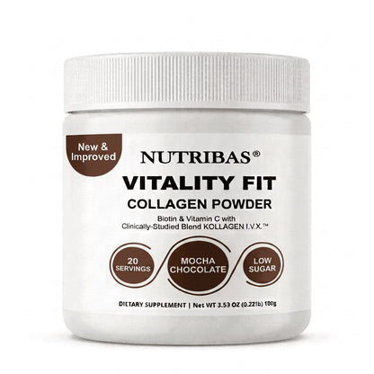A white plastic jar of Nutribas Vitality Fit Collagen Powder on a clean white background. The label features brown accents, including a 'New & Improved' badge and three circular icons indicating '20 Servings', 'Mocha Chocolate', and 'Low Sugar'.