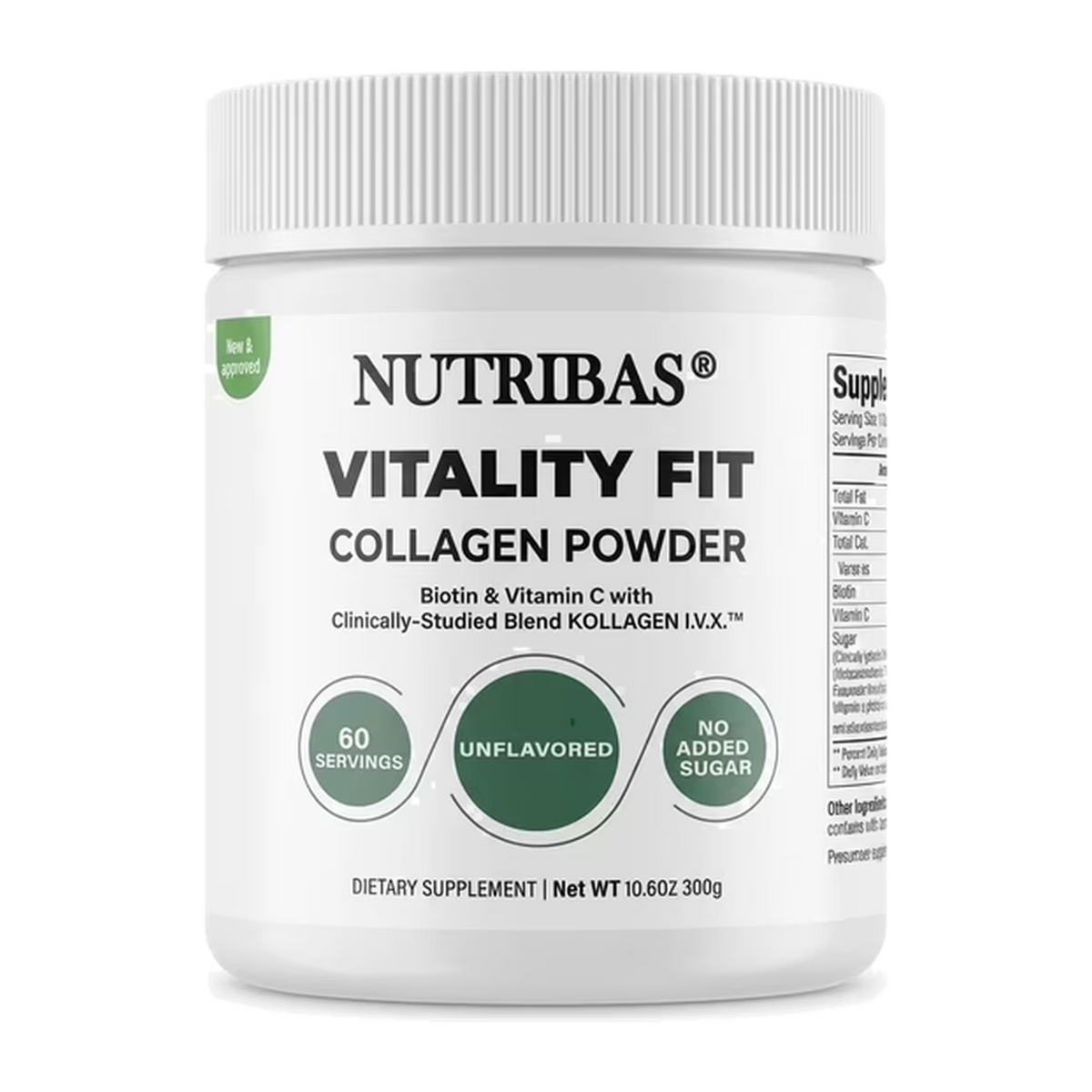 A white plastic tub of Nutribas Vitality Fit Collagen Powder with a ribbed white lid, featuring a clean white label with green accents and black text.