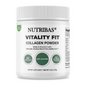 A white plastic tub of Nutribas Vitality Fit Collagen Powder with a ribbed white lid, featuring a clean white label with green accents and black text.