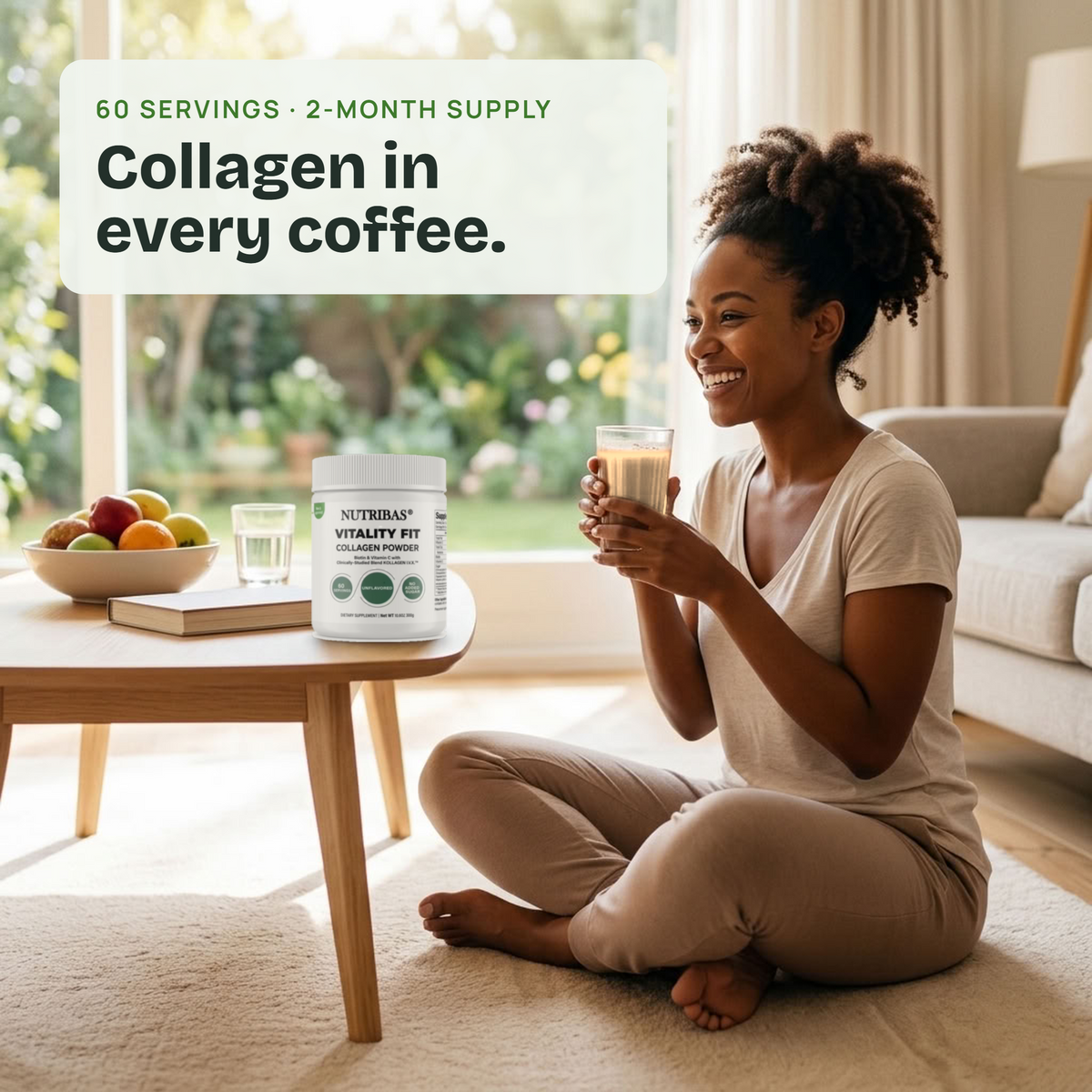 A woman sits cross-legged on a light rug in a bright living room, holding a glass of coffee. A white supplement tub labeled NutriTherapy Vitality K+ is placed on a small table beside her, with a text overlay that reads '60 servings - 2-Month Supply' and 'Collagen in every coffee.