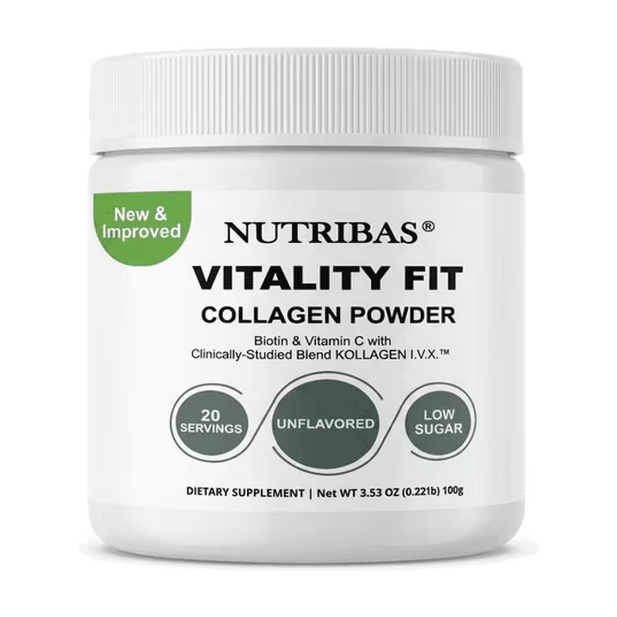 A white plastic jar of Nutribas Vitality Fit Collagen Powder on a clean white background. The label features black text and three dark green circular icons highlighting '20 Servings', 'Unflavored', and 'Low Sugar', with a green 'New & Improved' badge on the upper left.
