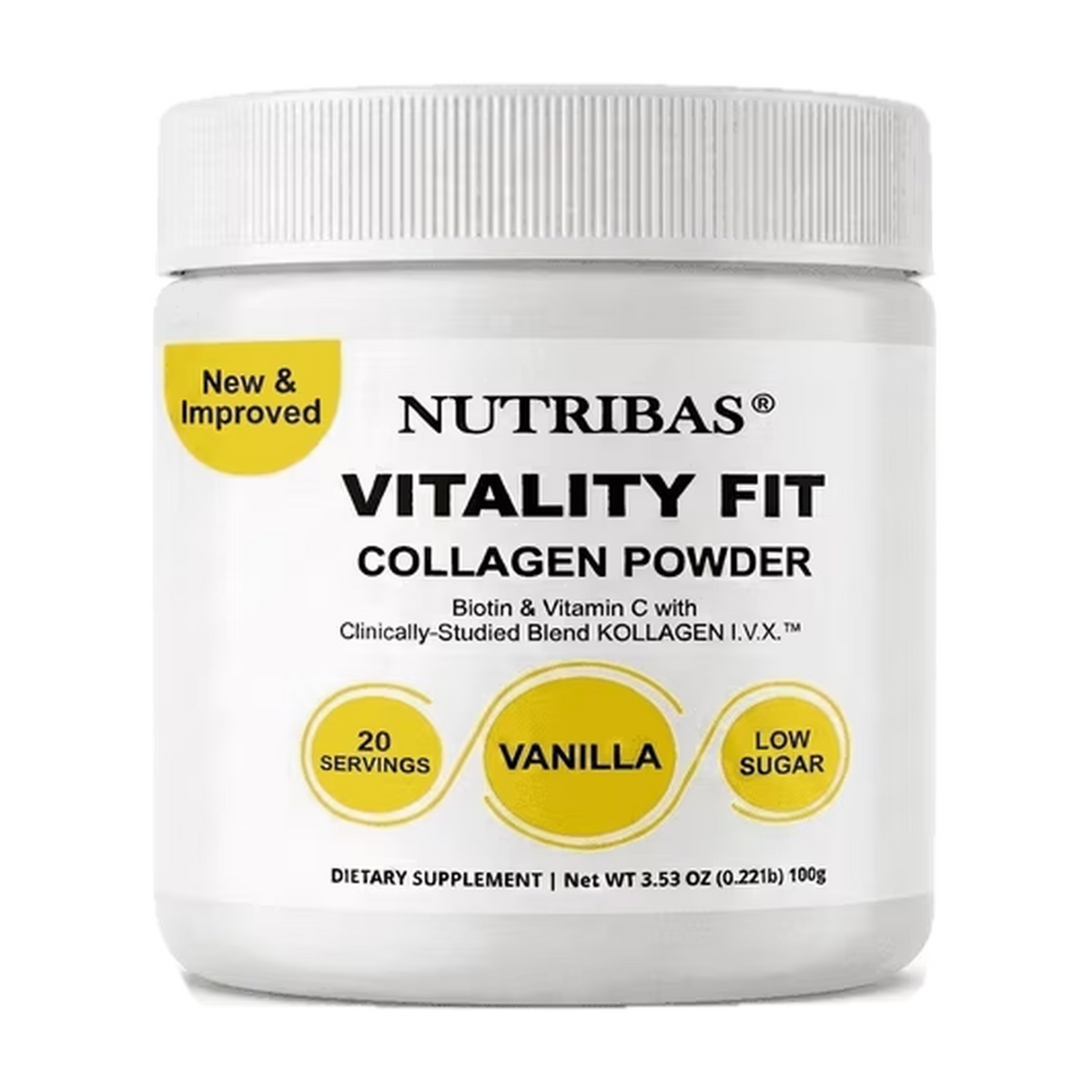 A white plastic jar of Nutribas Vitality Fit Collagen Powder in Vanilla flavor, featuring a white label with yellow circular accents and black text.