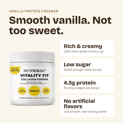 Nutribas Vitality Fit Vanilla Protein Creamer bottle on a light beige background with marketing text and feature callouts about rich creaminess, low sugar, protein content, and no artificial flavors.