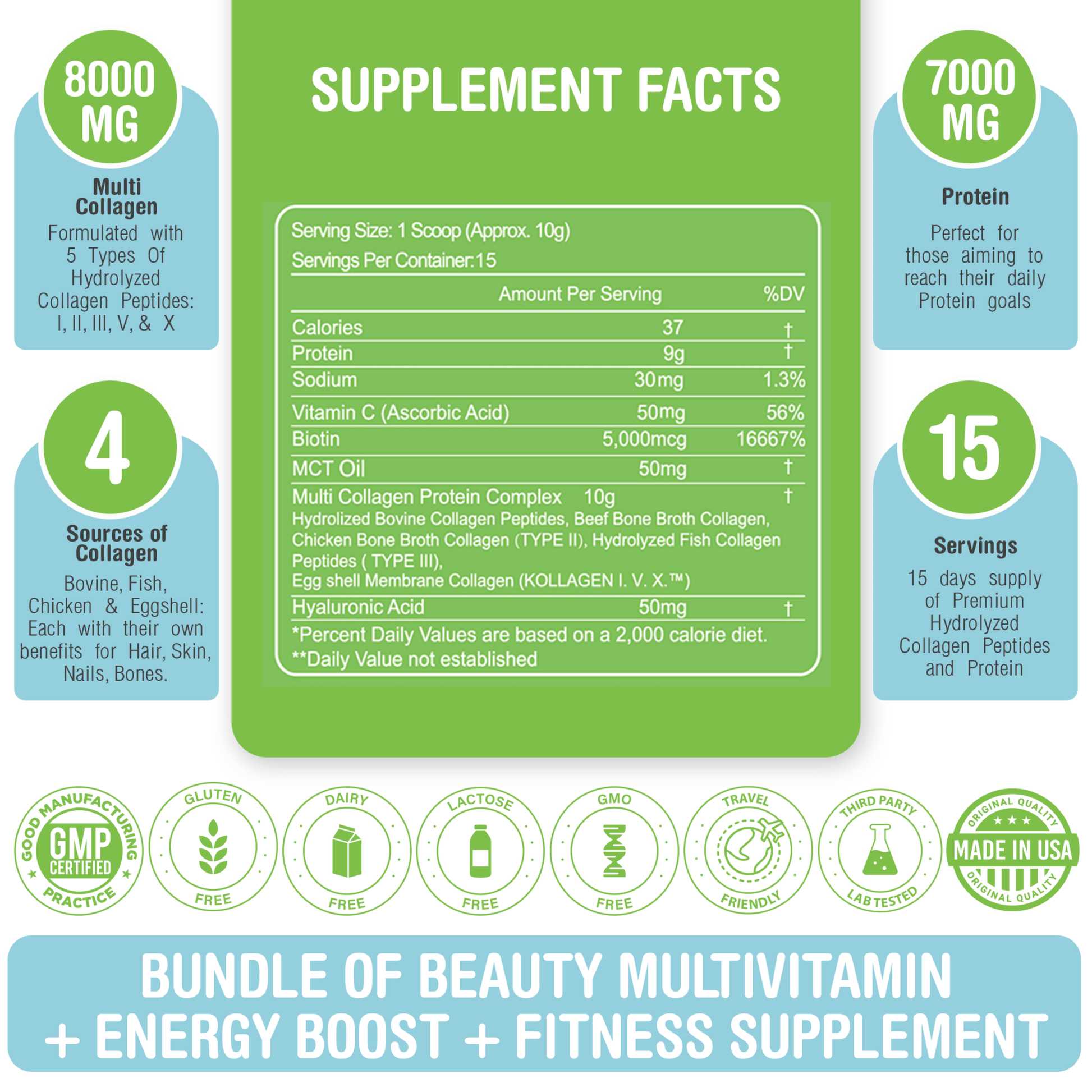 Unflavored Grass-Fed Multi Collagen Peptides Chocolate Protein Powder with Biotin, Vitamin C, Hyaluronic Acid & MCT Oil