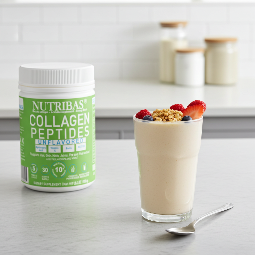 Nutribas Collagen Peptides container next to a glass of yogurt with granola and berries on a kitchen counter.