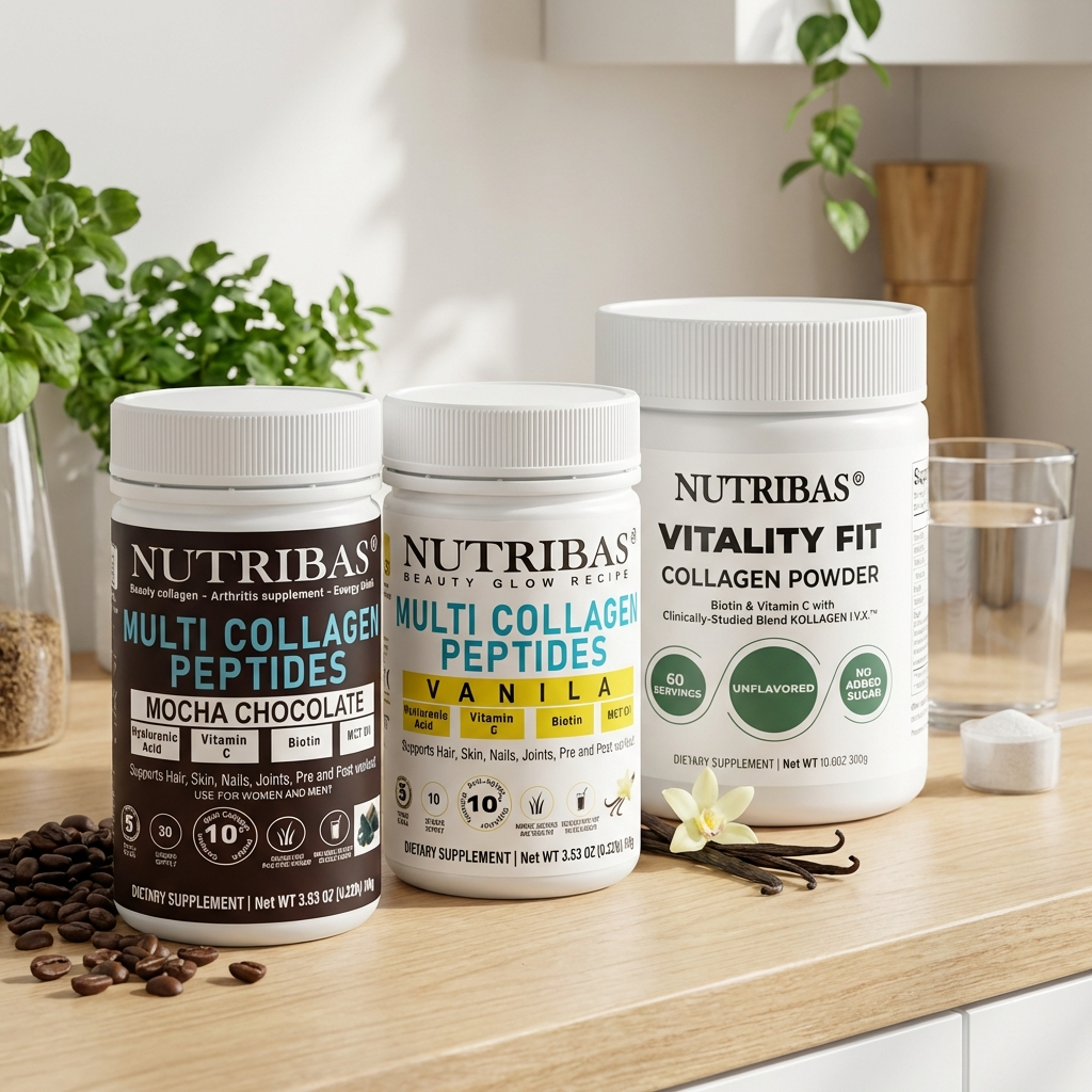 Three Nutribas supplement containers on a wooden surface with plants and a glass in the background.
