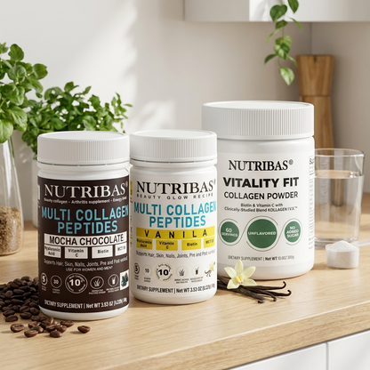 Three Nutribas supplement containers on a wooden surface with plants and a glass in the background.
