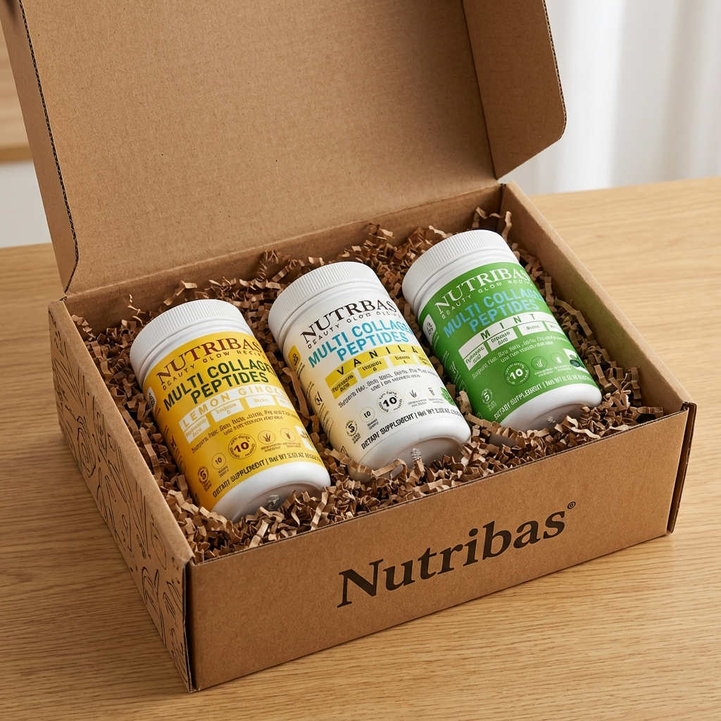 Three Nutribas multi-collagen peptide bottles in a cardboard box on a wooden surface.