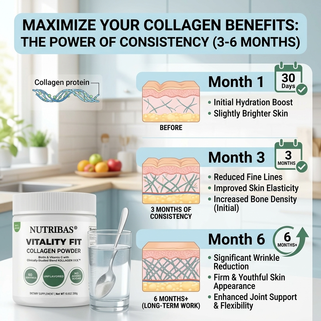 Nutribas Vitality Fit Collagen Powder with visual representation of collagen benefits over time in a kitchen setting.