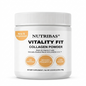 A white plastic jar of Nutribas Vitality Fit Collagen Powder on a clean white background. The label features black text and three orange circular badges indicating flavors and benefits.