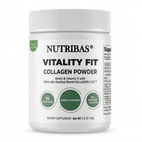 A white plastic tub of Nutribas Vitality Fit Collagen Powder on a clean white background. The label features black text and three green circular badges indicating 15 servings, unflavored, and no added sugar.
