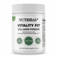 A white plastic tub of Nutribas Vitality Fit Collagen Powder on a clean white background. The label features black text and three green circular badges indicating 15 servings, unflavored, and no added sugar.