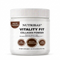A white plastic jar of Nutribas Vitality Fit Collagen Powder on a clean white background. The label features black text and three brown circular badges indicating '20 Servings', 'Mocha Chocolate', and 'Low Sugar'.