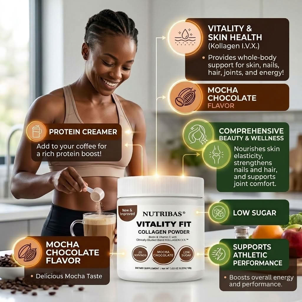 A woman in a kitchen preparing a protein drink while a tub of Nutribas Vitality Fit Collagen Poudre is shown in the foreground. The image includes promotional text bubbles highlighting the product's benefits, flavor, and ingredients.