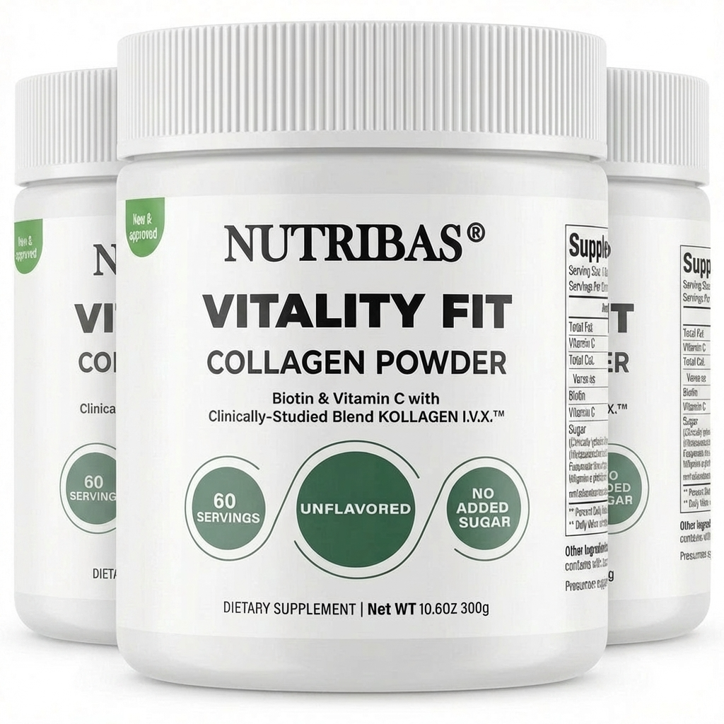 Three containers of Nutribas Vitality Fit Collagen Powder 300g unflavored 3 pack on a white background